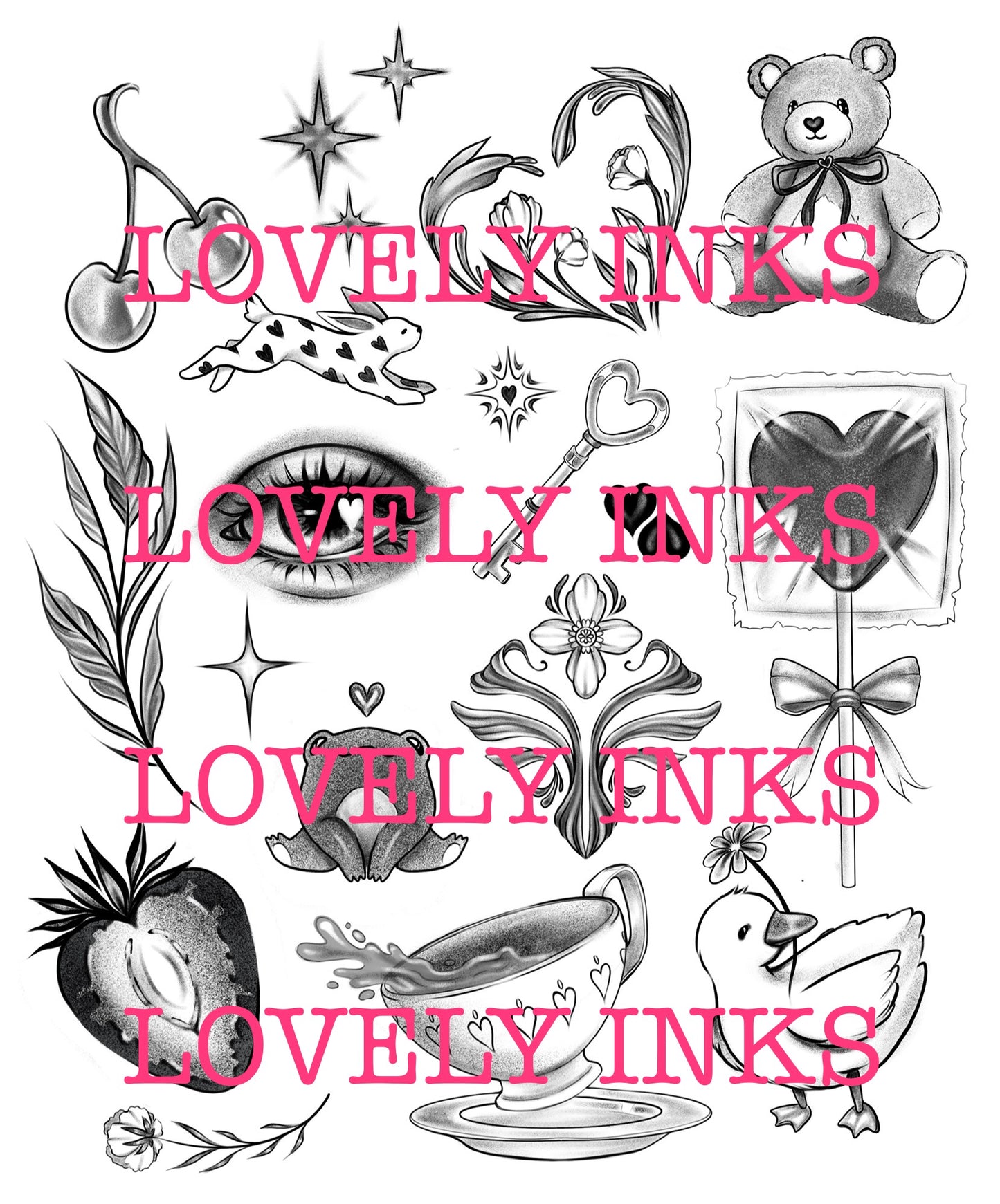 Heart designs tattoo flash sheet