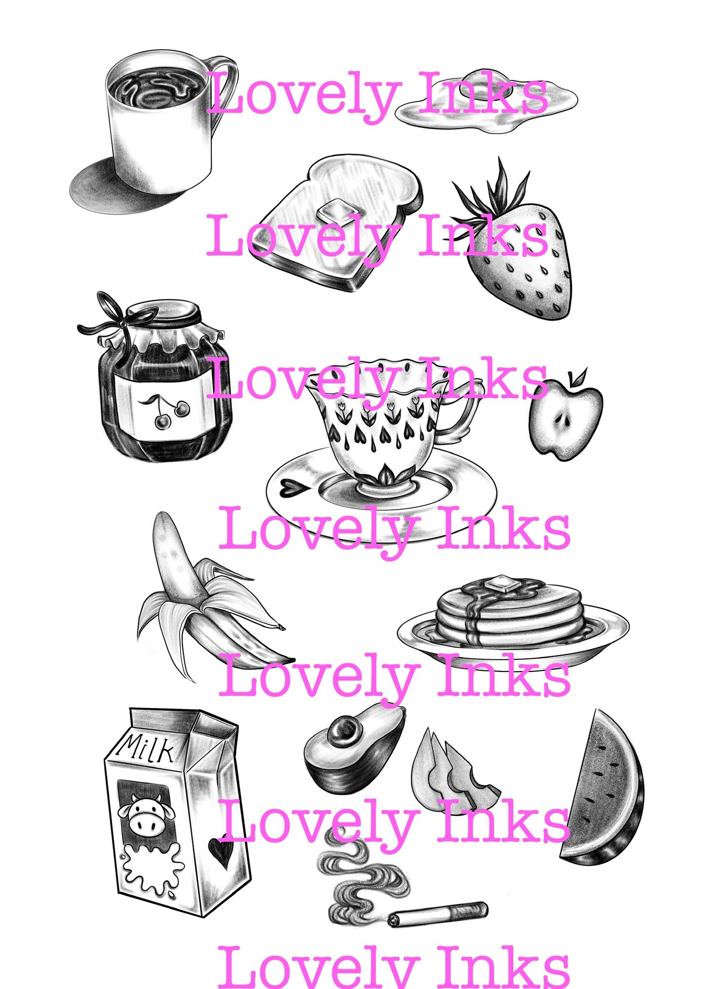 Breakfast tattoo flash sheet