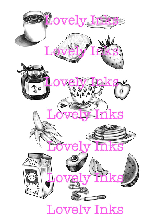 Breakfast tattoo flash sheet