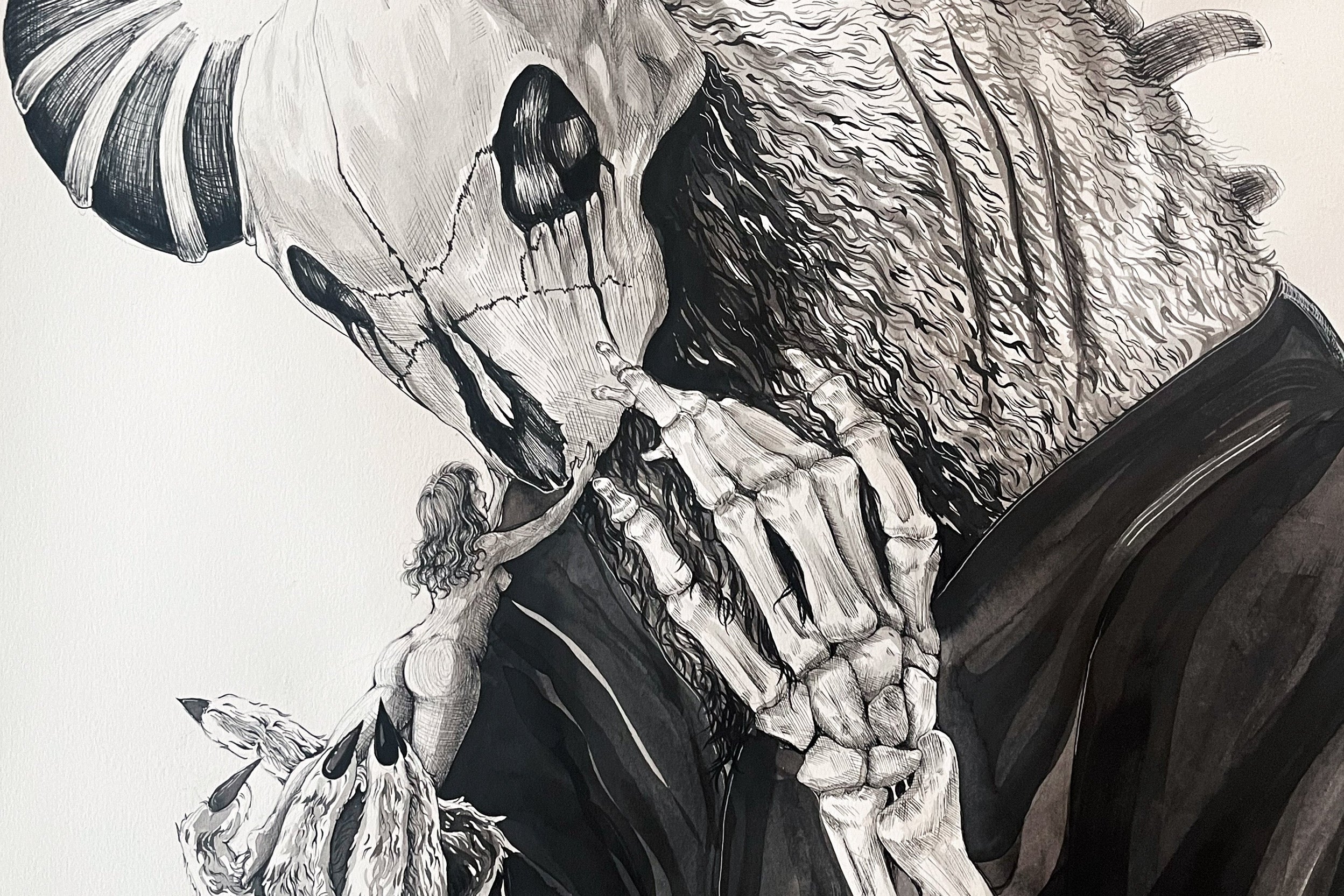 Artistic depiction of a skeleton with a creature's head, wearing a dark robe, on a white background.