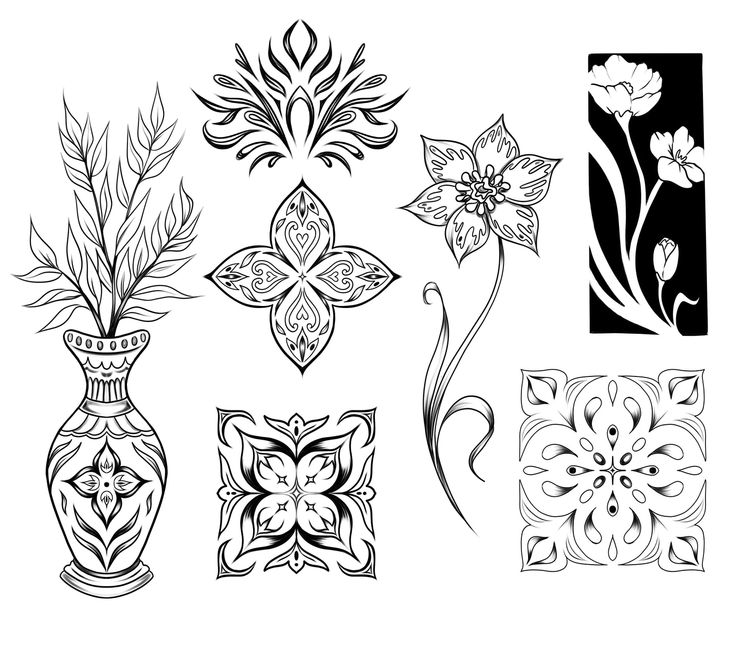 Graphic floral designs tattoo flash sheet