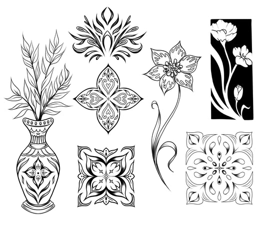 Graphic floral designs tattoo flash sheet